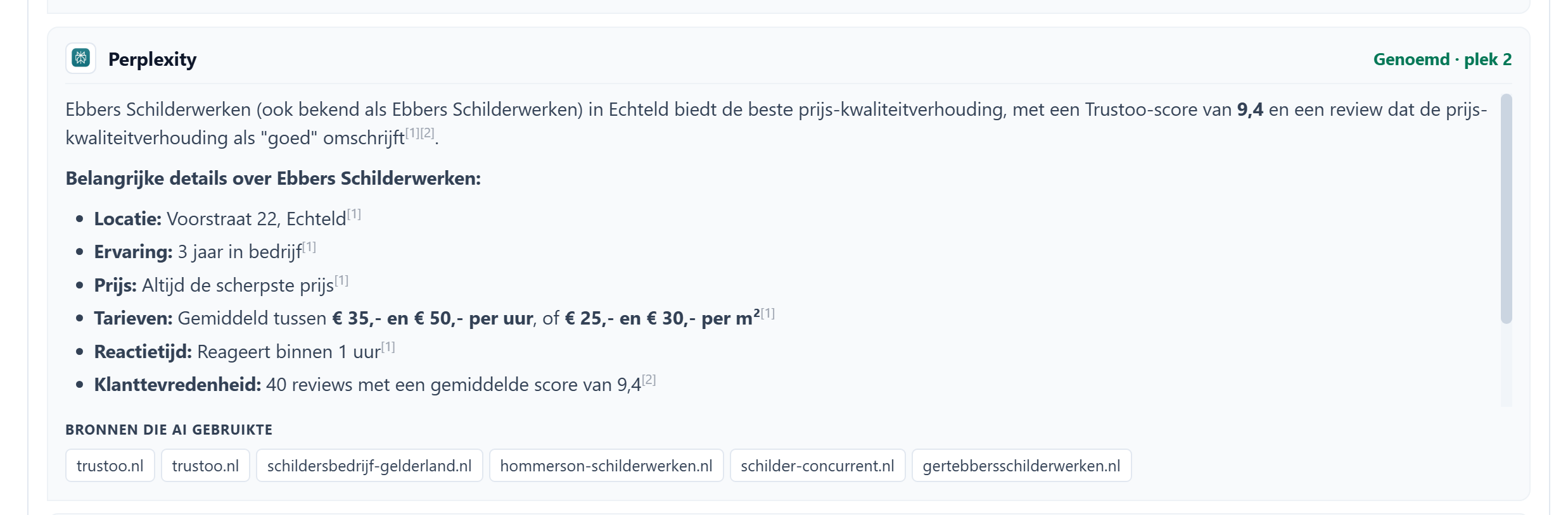 Perplexity-antwoord waarin Ebbers Schilderwerken wordt aanbevolen met beoordeling 9,4 uit 40 reviews