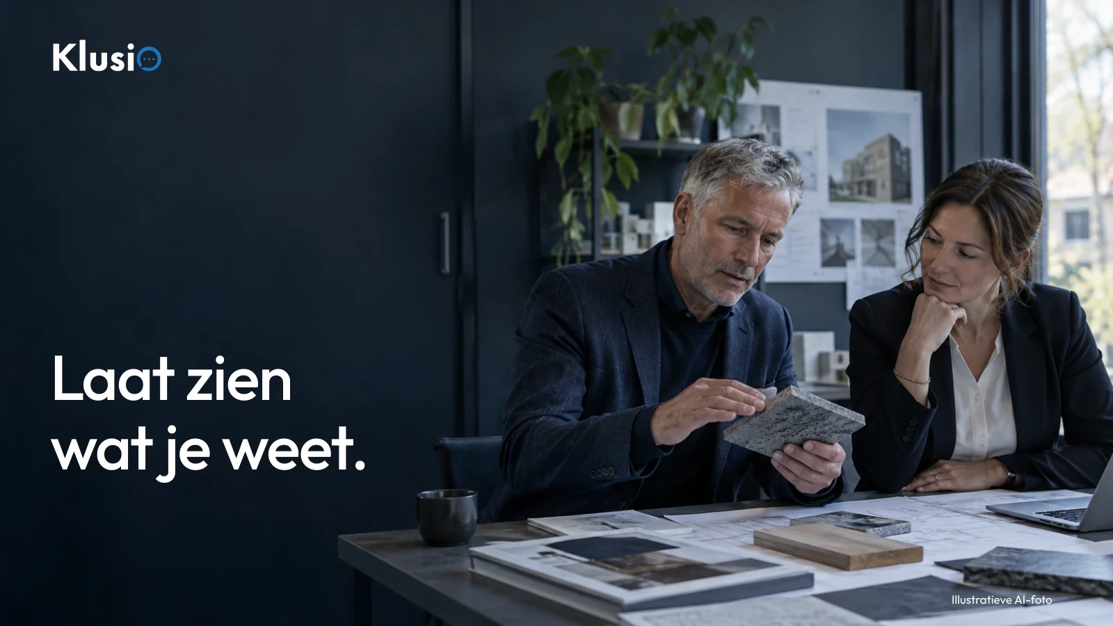 Klusio-omslag over expertise en SEO met een illustratieve AI-foto van een adviseur die een materiaalvoorbeeld toelicht.