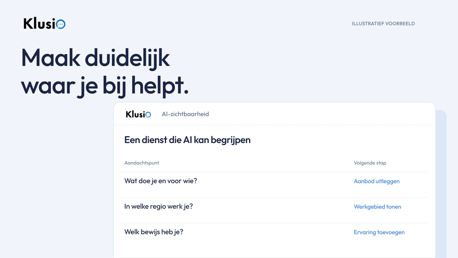 Illustratief Klusio-voorbeeld met dienst, werkgebied en praktijkbewijs als onderdelen van duidelijke uitleg voor klanten en AI.