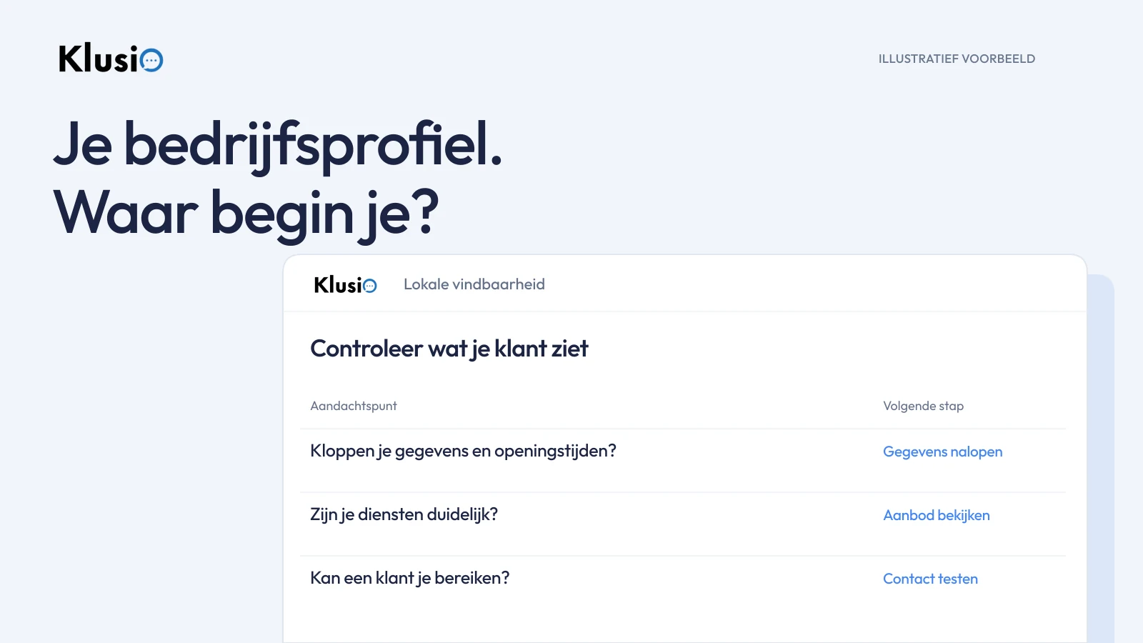 Illustratieve profielcheck met aandacht voor bedrijfsgegevens, diensten en contactmogelijkheden.