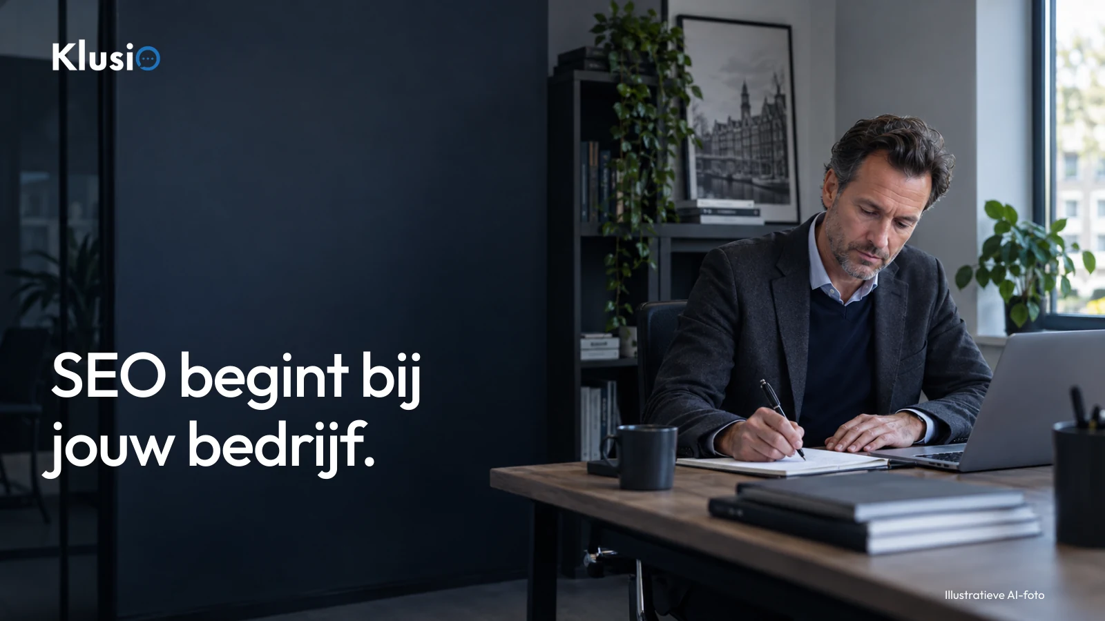 Klusio-omslag over SEO voor het mkb met een illustratieve AI-foto van een ondernemer die zijn aanpak voorbereidt.