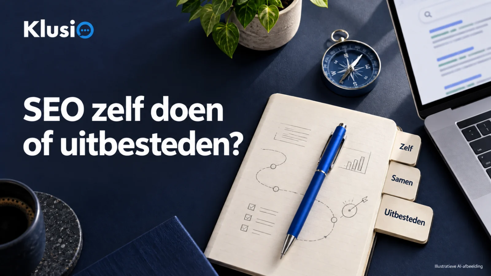 SEO zelf doen of uitbesteden? Notitieboek met de keuzes Zelf, Samen en Uitbesteden, naast een kompas en laptop. Illustratieve AI-afbeelding.