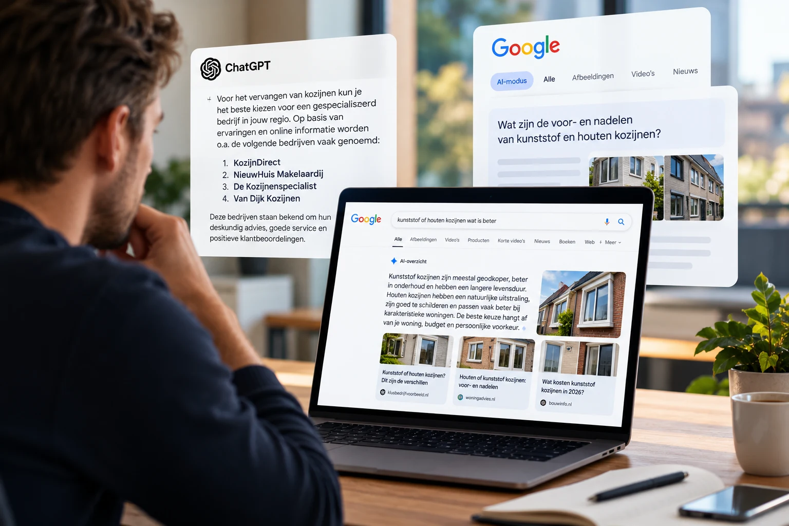 Illustratie van een ondernemer die informatie vergelijkt in Google en ChatGPT; geen echte zoekresultaten.