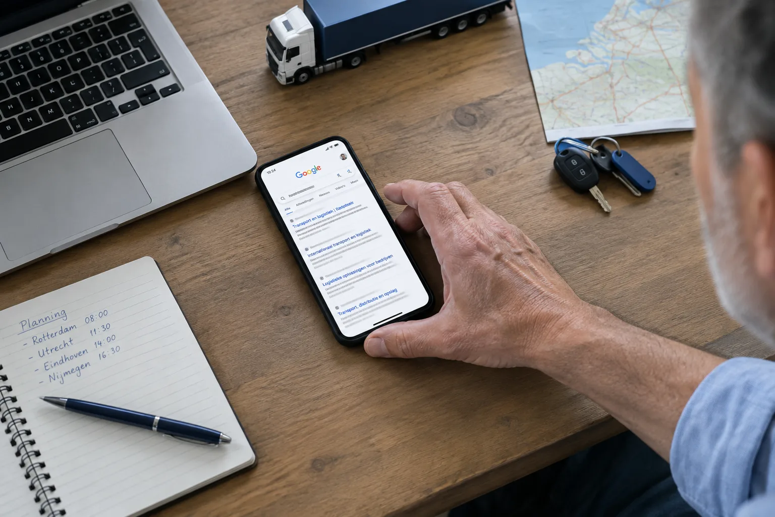 Een man reikt naar een smartphone op een houten bureau met laptop, notitieboek, truckje en sleutels.
