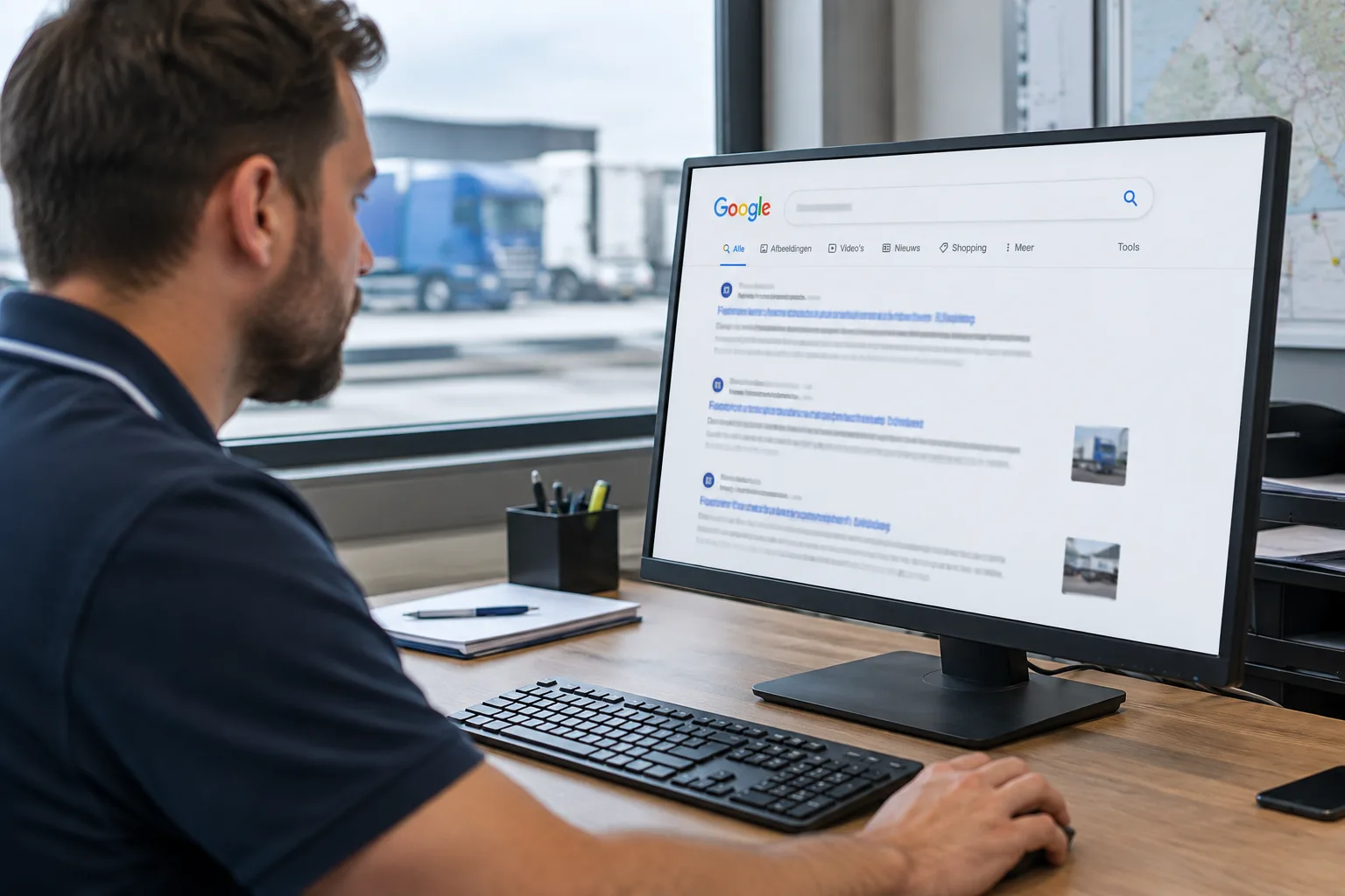 Een man zit aan een bureau in een transportkantoor en kijkt naar Google op een monitor.