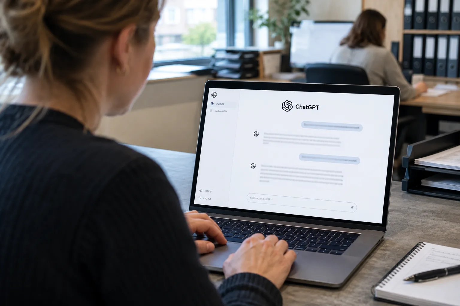 Medewerker op kantoor stelt een vraag in ChatGPT op een laptop