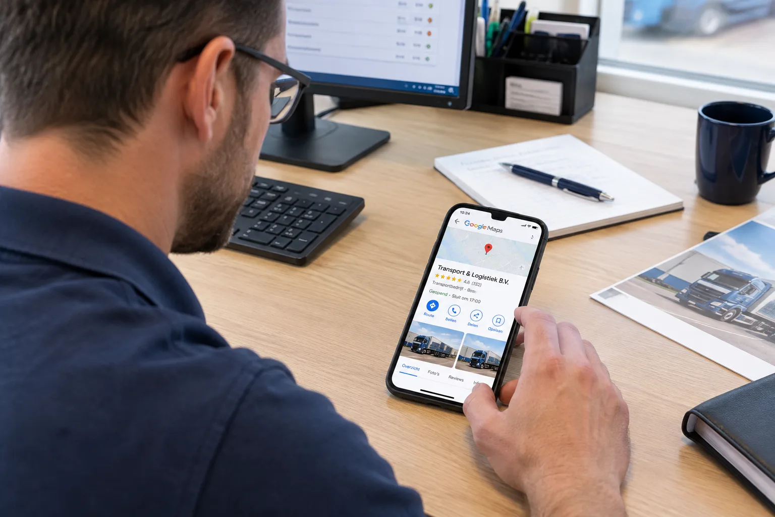 Telefoon met een Google Maps-bedrijfsvermelding van een transportbedrijf