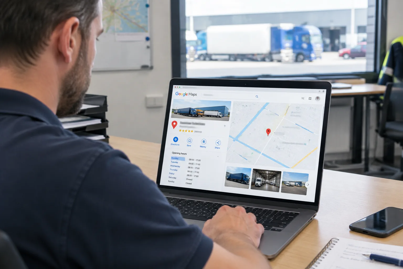 Medewerker van een transportbedrijf bekijkt het bedrijfsprofiel in Google Maps op een laptop