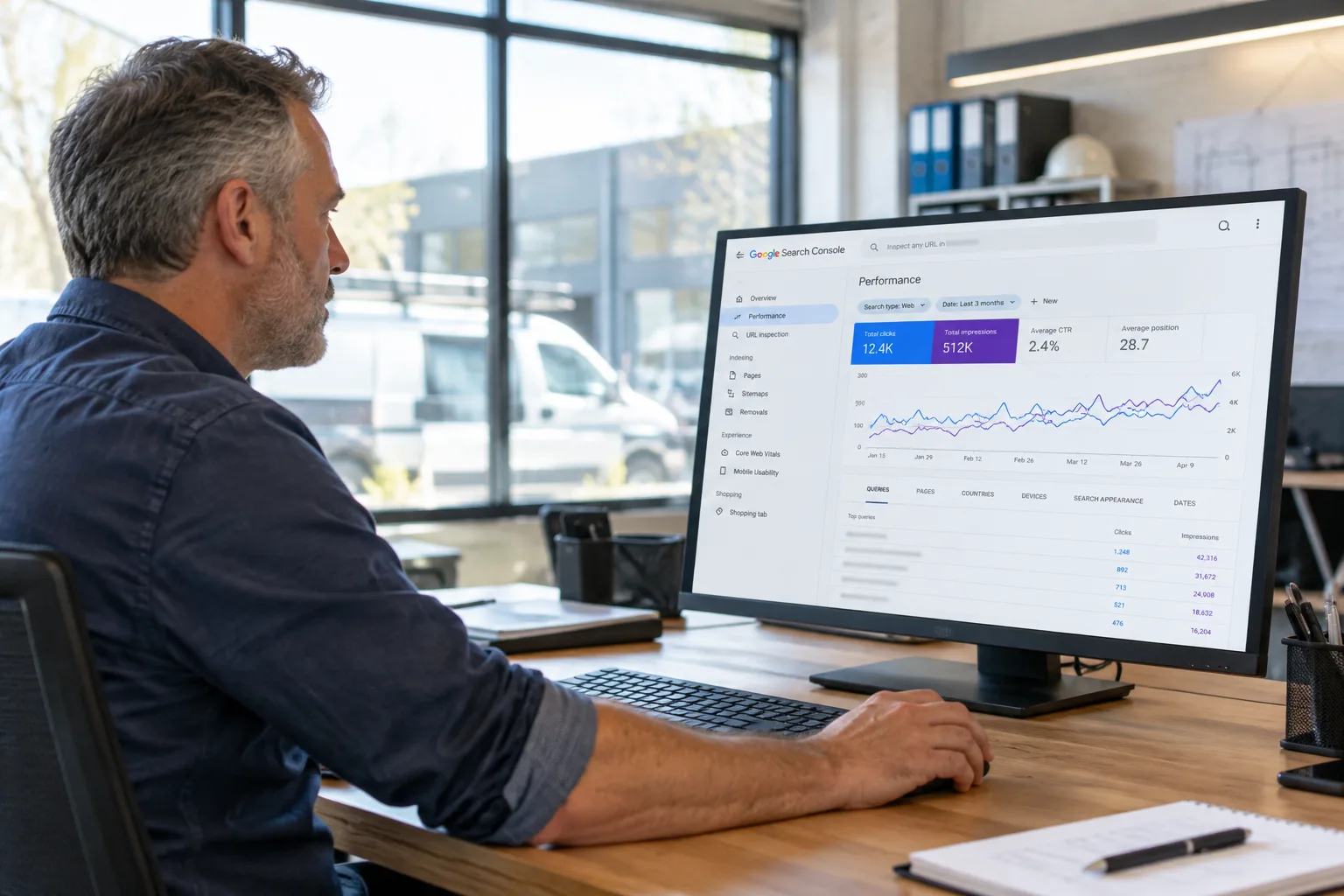 Groot scherm met het prestatierapport van Google Search Console in een installatiebedrijf
