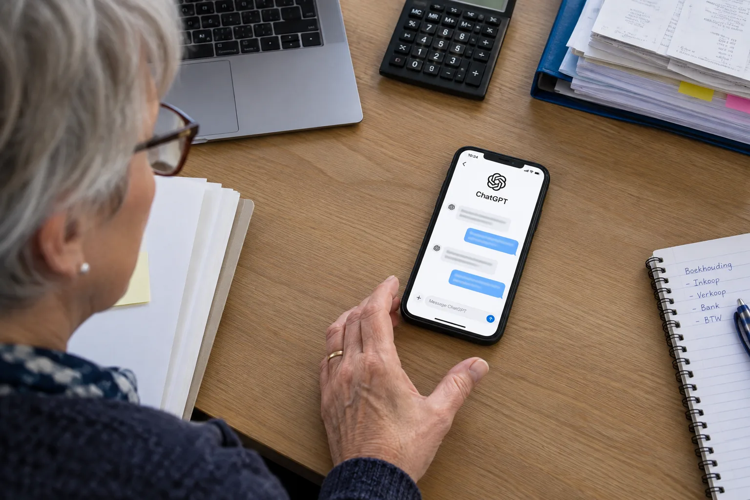 Smartphone met de ChatGPT-app op een bureau in een administratiekantoor