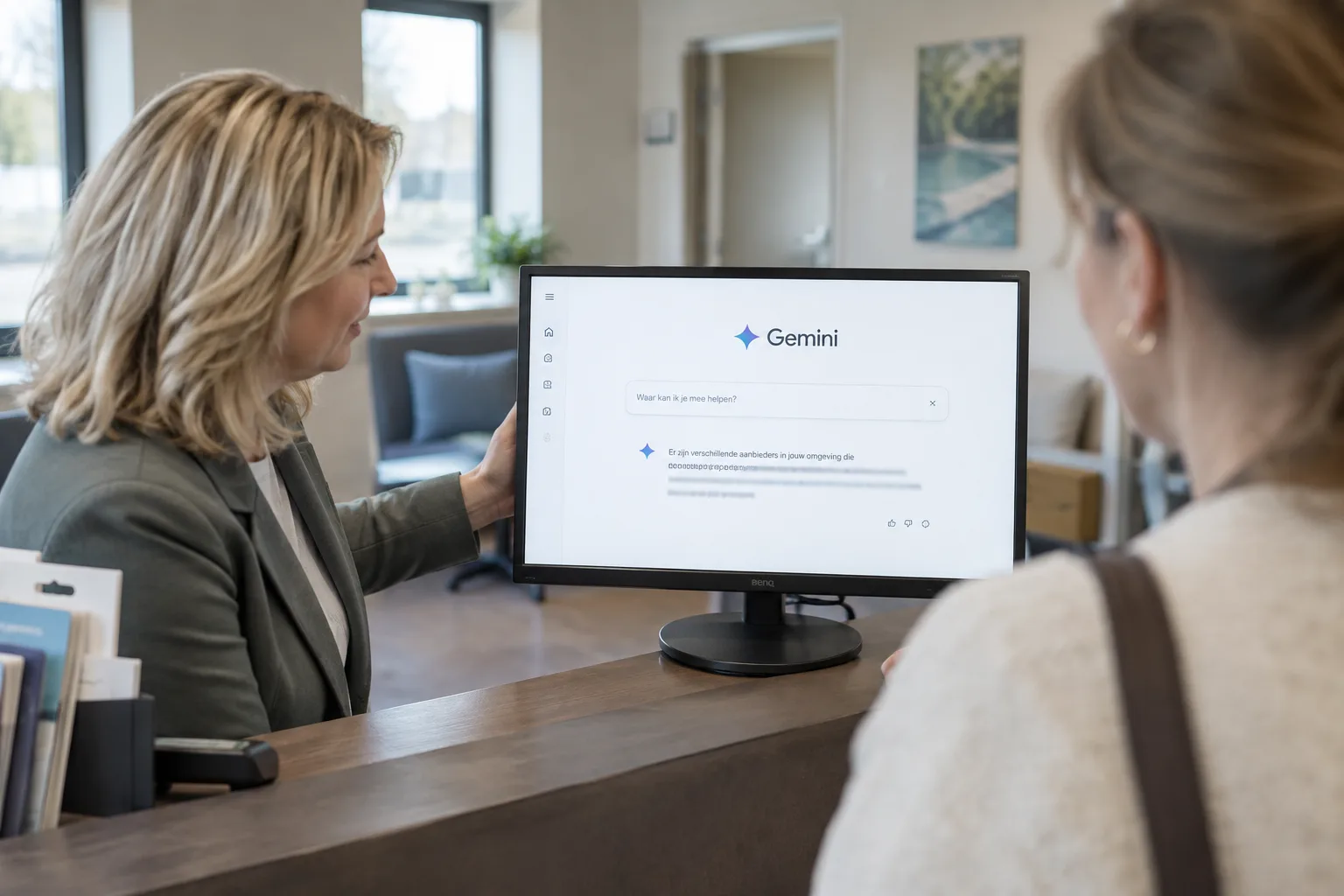 Medewerker van een zorgpraktijk laat een cliënt Google Gemini zien op een beeldscherm