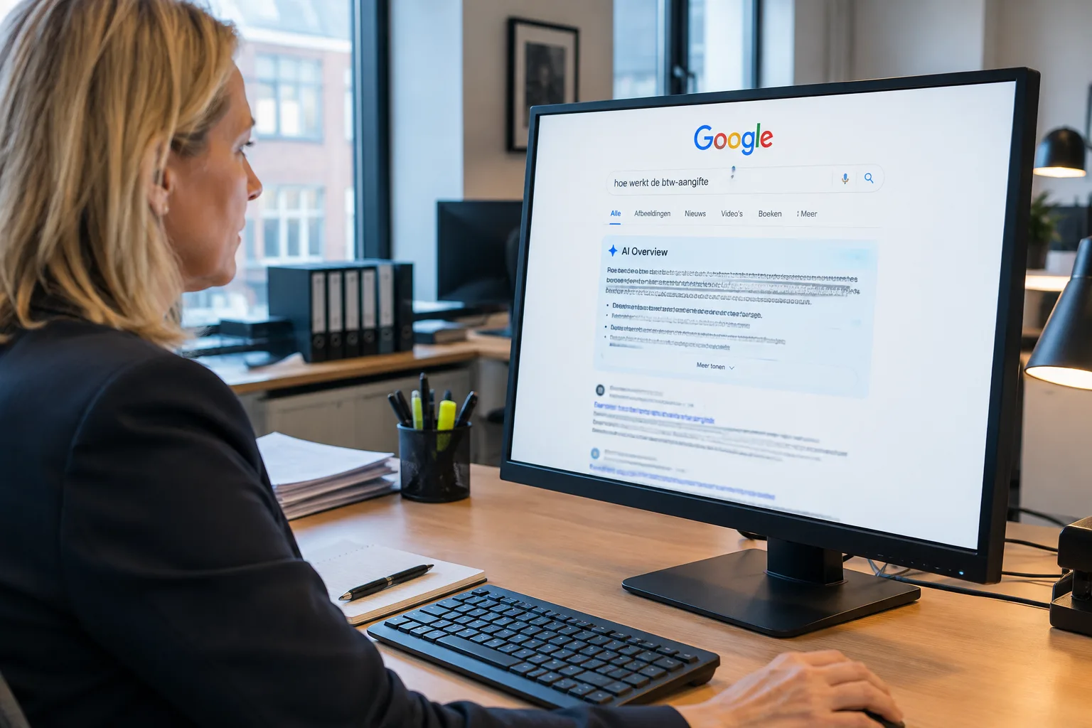 Medewerker bekijkt Google-zoekresultaten met een AI Overview op een groot scherm