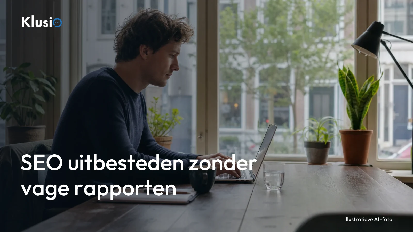 Klusio-omslag met illustratieve AI-foto bij SEO uitbesteden zonder vage rapporten