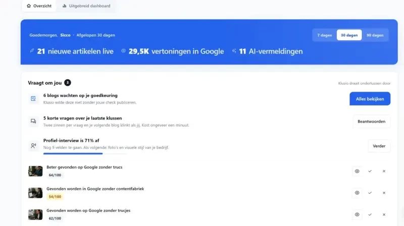 Een webdashboard met een blauwe statistiekbalk bovenaan en meerdere taken en meldingen in een lijst eronder.